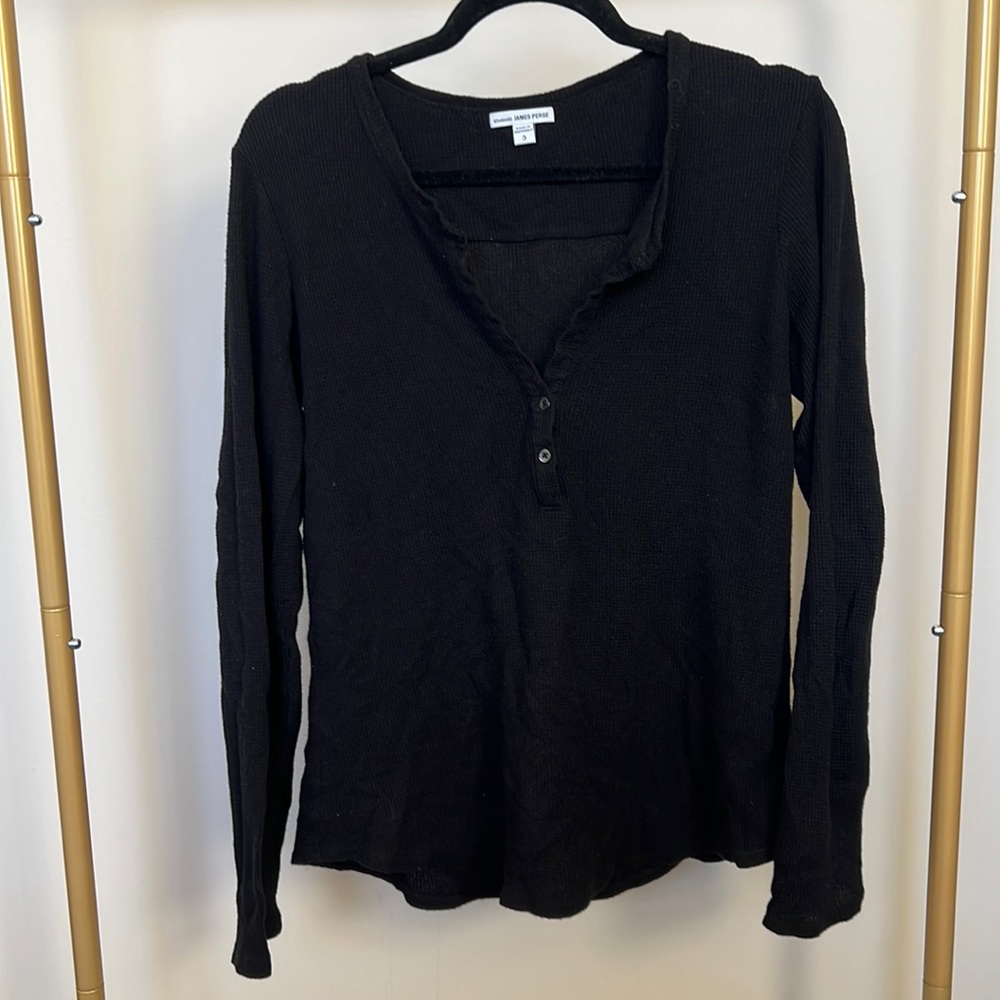 James Perse V-Neck Waffle Knit Henley - Black - Size L - 100% Cotton